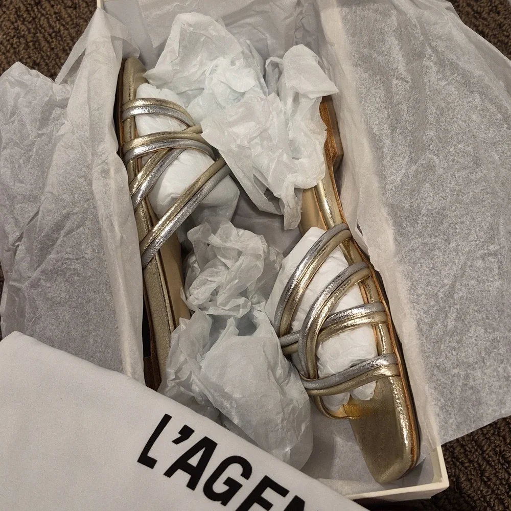 L'AGENCE Abelle Metallic Strappy Sandal Gold Silver 8.5 - Picture 7 of 7